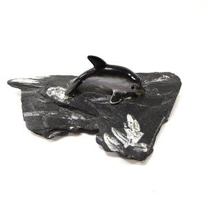 Minature Dolphin Figurine on Painted Slate  3.25"